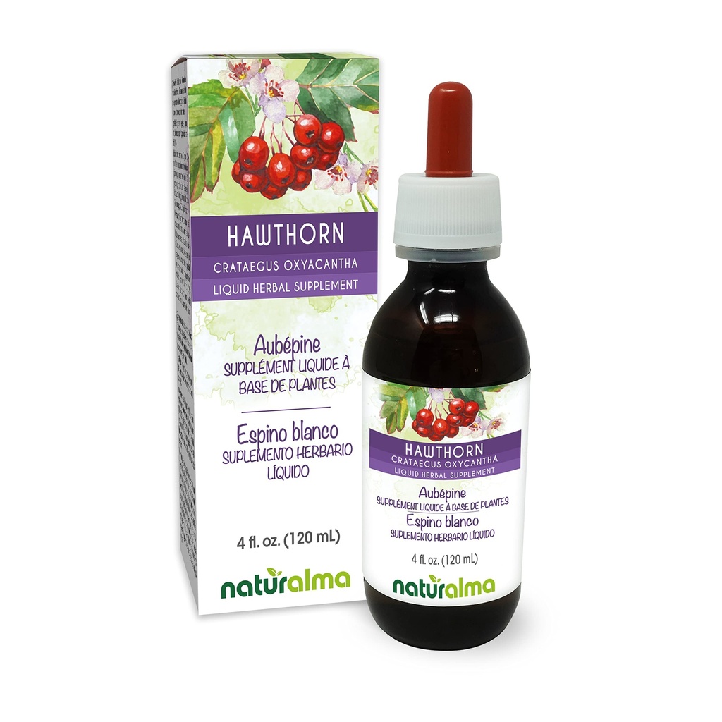Naturalma Hawthorn (Crataegus oxyacgaris) Blad- og blomst Alkoholfri tinktur - 4 fl oz flydende ekstrakt i dråber - Urtetilskud - Vegan