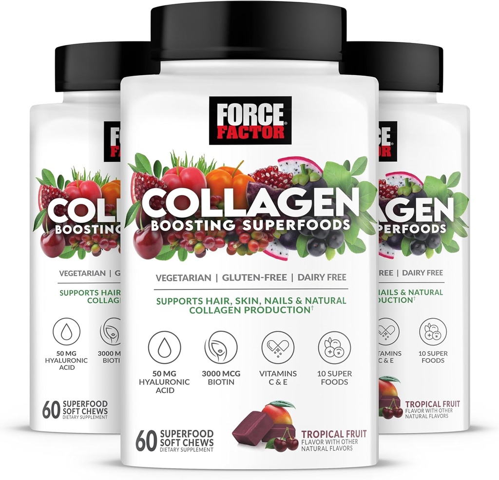 FORCE FACTOR Collagen Boosting Superfood, Vegan Collagen Booster for kvinder, Med biotin, Hyaluronsyre, og C-vitamin, Til hår, hud, negle, & fælles støtte, Tropiske frugter, 180 bløde tygger, 3-pakke