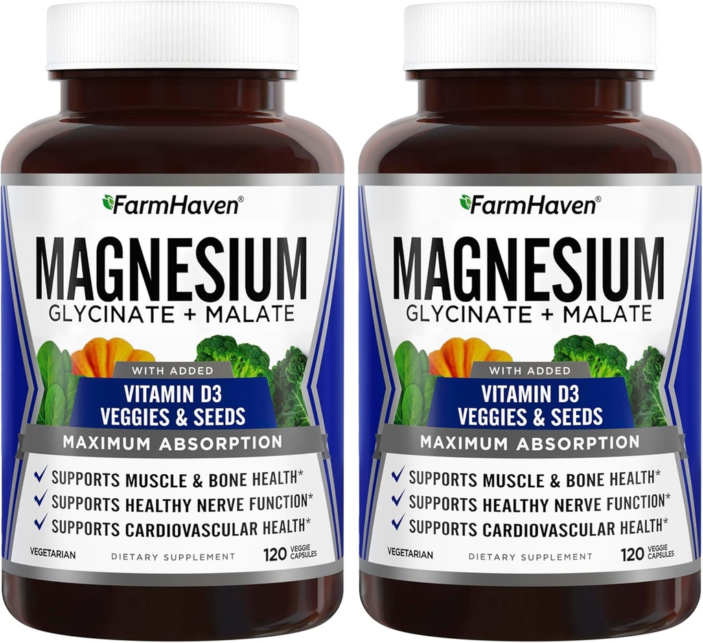 FarmHaven Magnesium Glycinate & Malate Complex w / D3- vitamin, 100% chelated for Max Absorption- Knoglesundhed, nerver, muskler, 240 kapsler, 120 dage