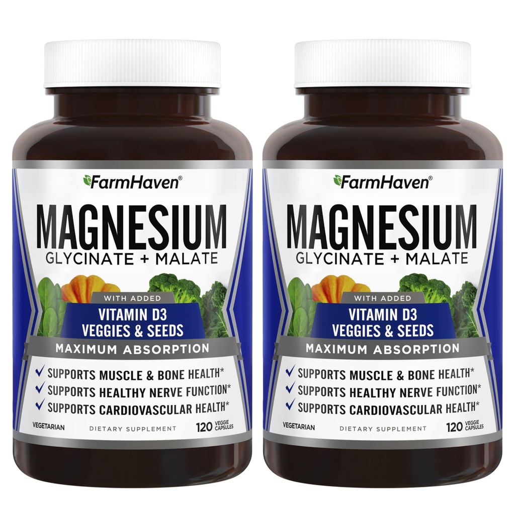 FarmHaven Magnesium Glycinate & Malate Complex w / D3- vitamin, 100% chelated for Max Absorption- Knoglesundhed, nerver, muskler, 240 kapsler, 120 dage