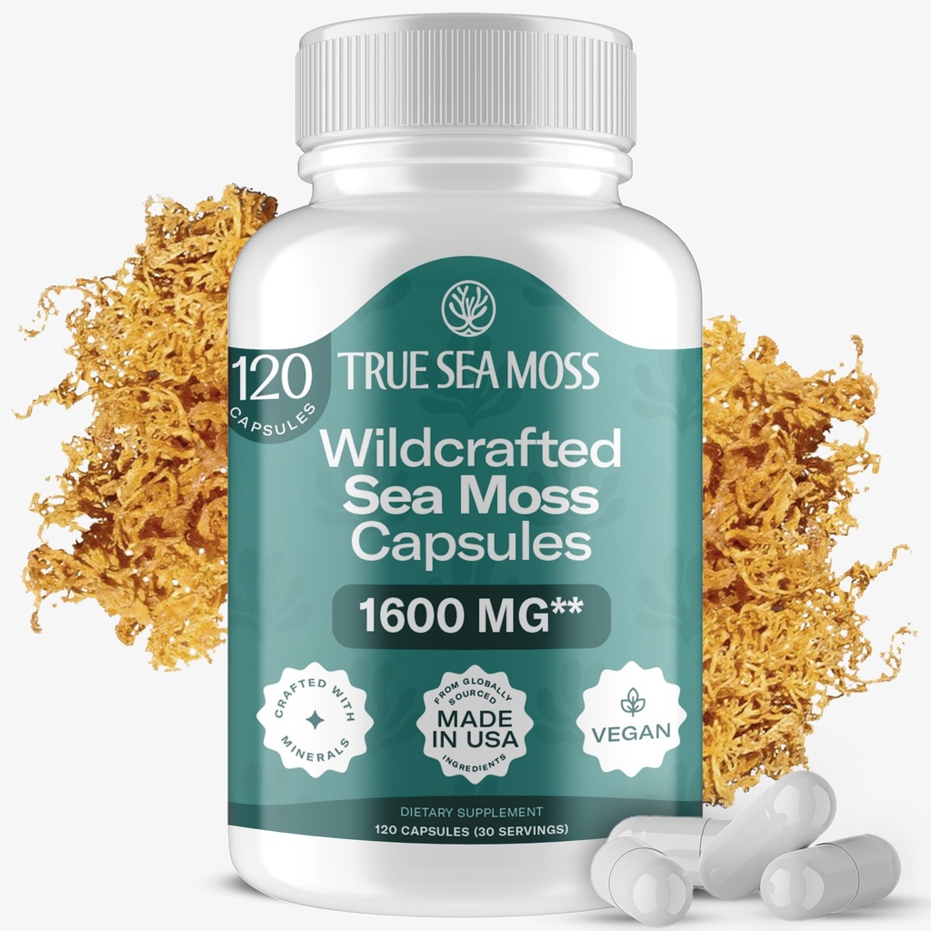 TrueSeaMoss Irish Sea Moss Kapsler - 120 Originale Kapsler (1600 mg) - Prebiotic Superfood - Buster Immunsystemet - Sund hud, Keto Detox, Gut, fælles støtte