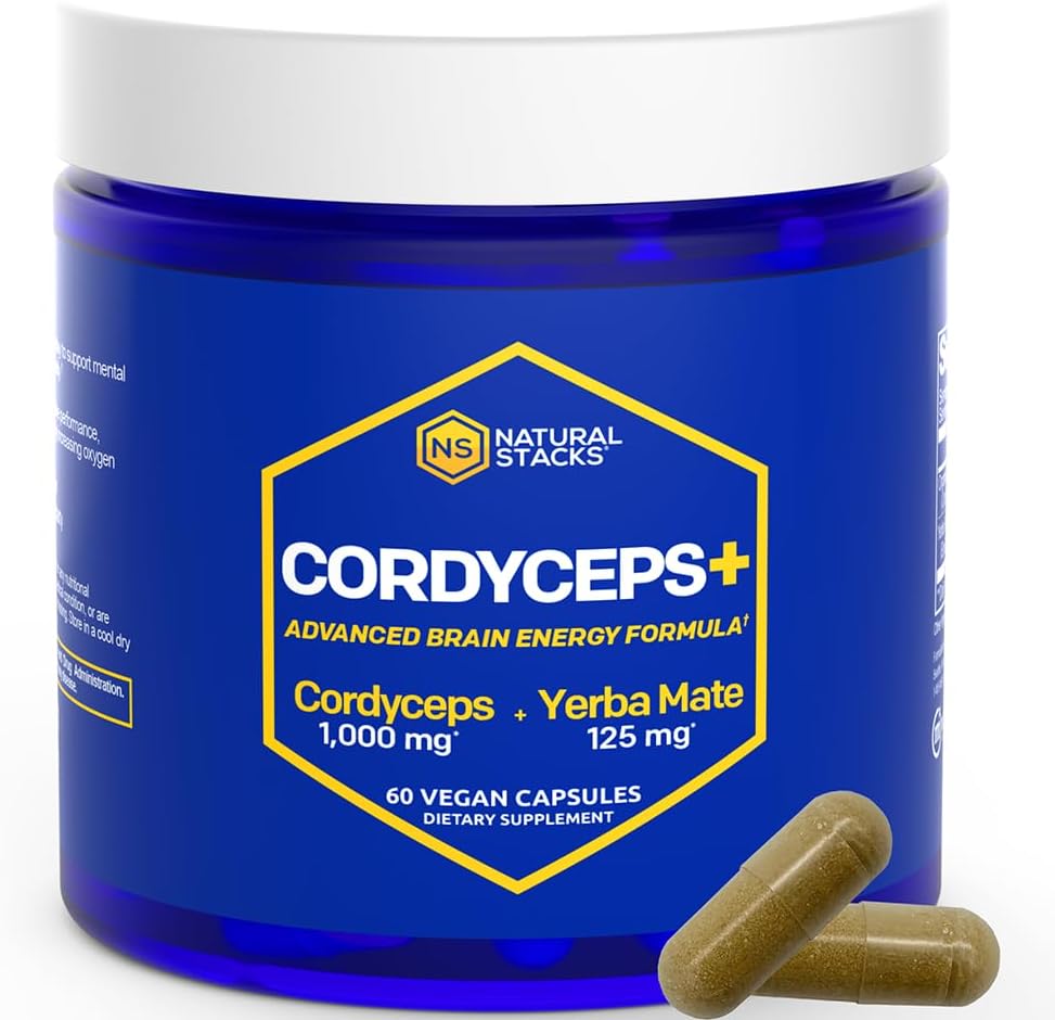 Cordyceps Mushroom Kapsler - 1000mg Cordyceps Extract & 125mg Yerba Mate Extract - 100% Fruiting Body Mushroom Supplement - Understøtter Brain Energy & Cognitive Performance - 60 Yerba Mate Kapsler