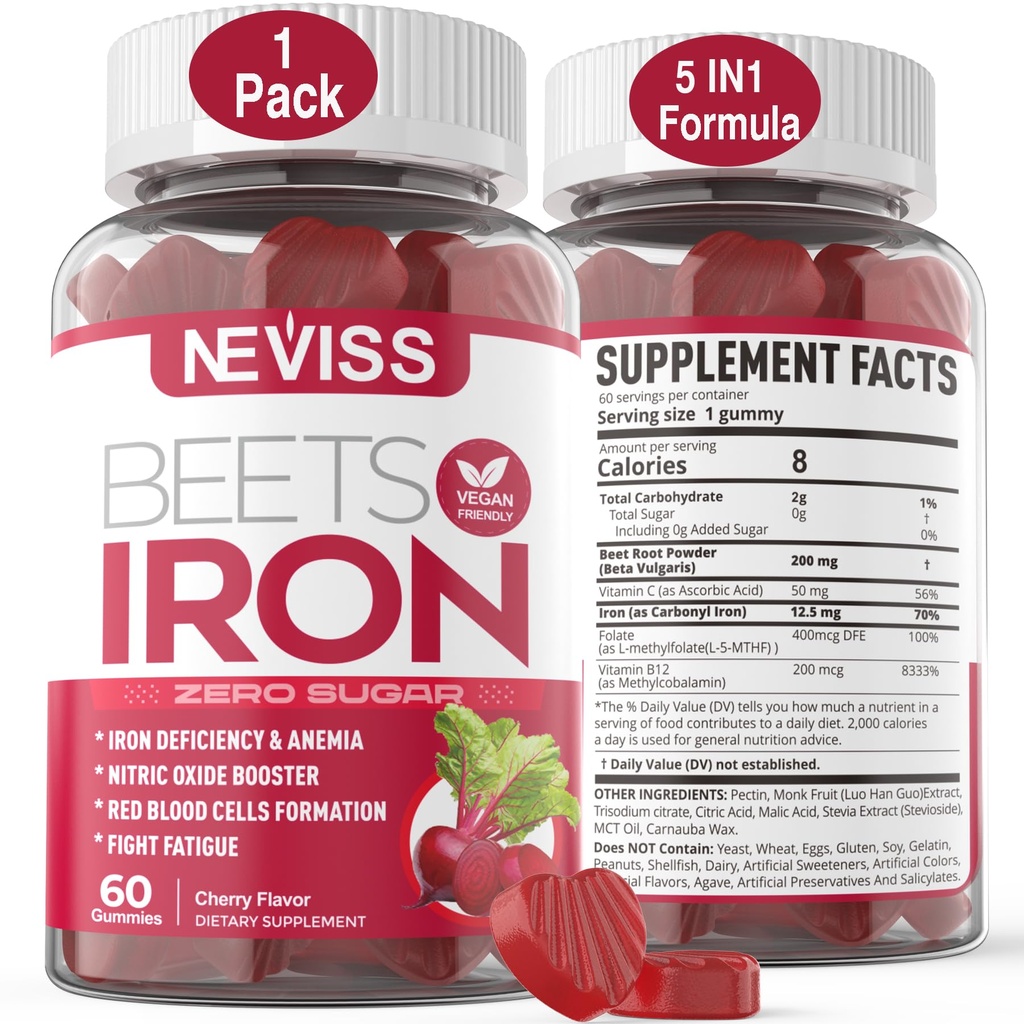 Beet Root Gummies med jern, Methyl B12, Folate, C-vitamin - Forøg nitrogenoxid & jernniveauer, Energistøtte, Fight Træthed, Beetroot & Gentle jerntilskud, Sukker Free, 60 Tæller