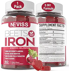 Beet Root Gummies med jern, Methyl B12, Folate, C-vitamin - Forøg nitrogenoxid & jernniveauer, Energistøtte, Fight Træthed, Beetroot & Gentle jerntilskud, Sukker Free, 60 Tæller
