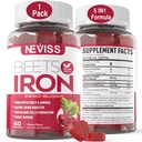 Beet Root Gummies med jern, Methyl B12, Folate, C-vitamin - Forøg nitrogenoxid & jernniveauer, Energistøtte, Fight Træthed, Beetroot & Gentle jerntilskud, Sukker Free, 60 Tæller