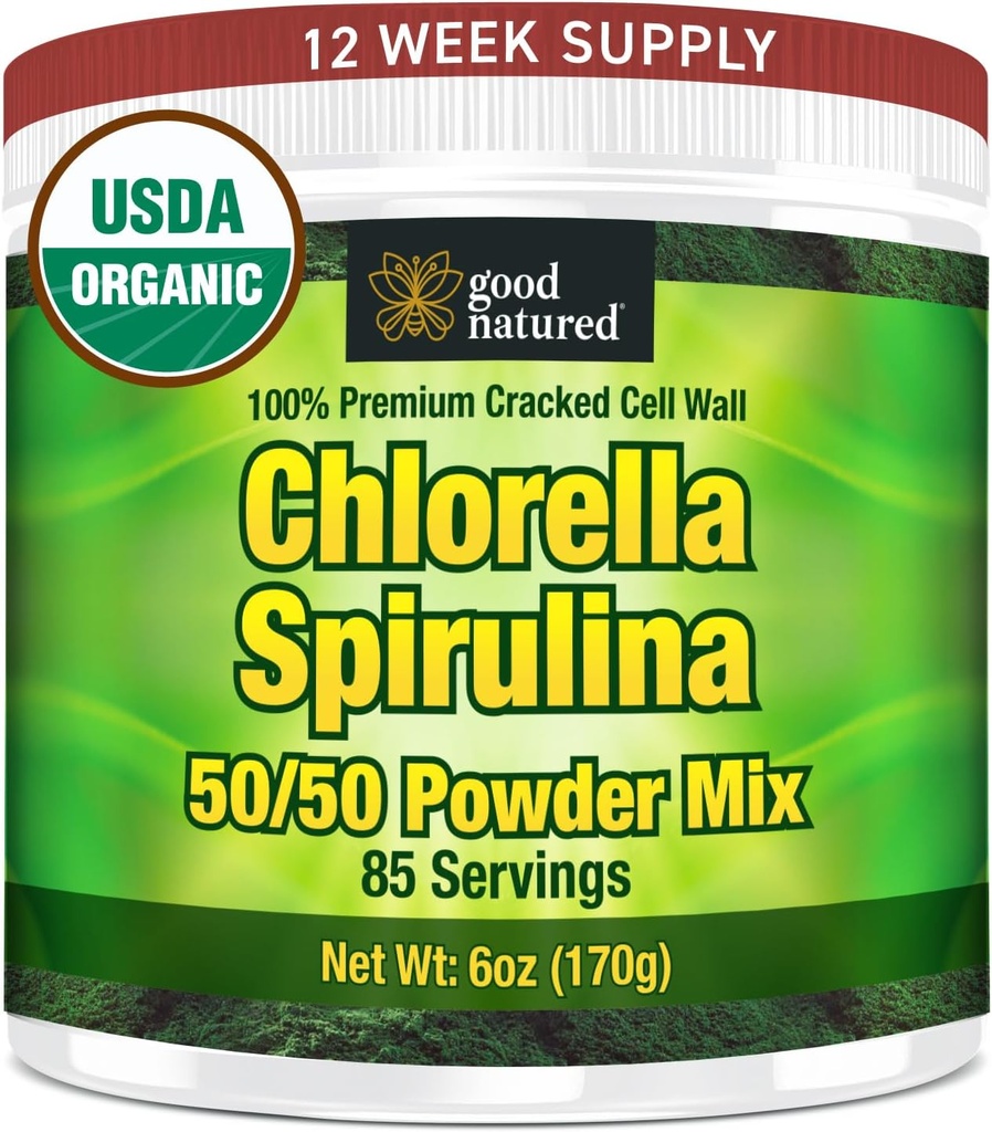 God Natured Premium Chlorella Spirulina pulver • 124; 85 Servering • 124; Non- GMO • 124; Sunlight Grown • 124; Deep Green Color • 124; Cracked Cell Wall • 124; Alkalyzing • 124; High Protein • 124; Vegansk Økologisk Kapsler • 124; Mountain Water
