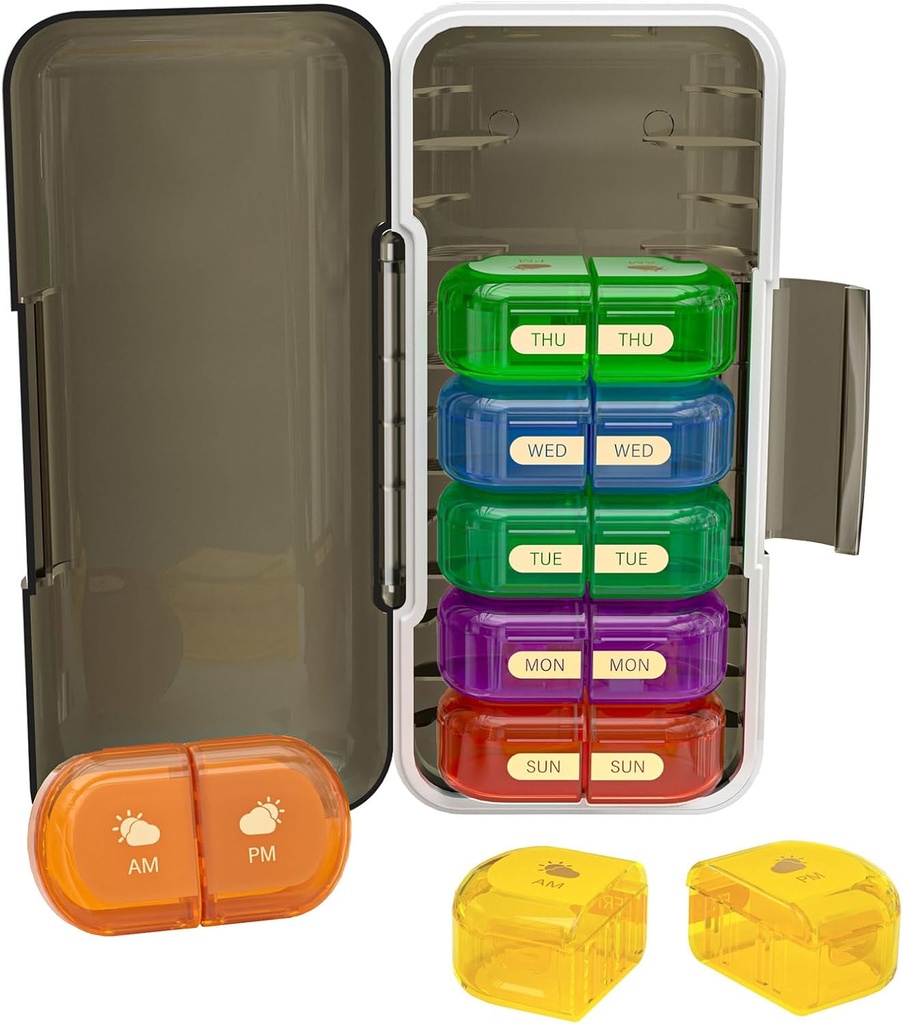 Ugentlig Pill Organizer 2 gange om dagen, Fugtighed- Proof, Aftagelige Kompartmenter, AM PM Pill Box 2x 7 Dag, Travel Pill Organizer for Pills / Fish Oil / Medicin / Vitamin / Kosttilskud (Sort + Farverige)