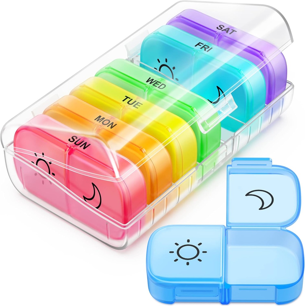 FEATY Weekly Pill Organizer 2 gange om dagen med same- side stor åbning for nem påfyldning og retrieving, Farvesporing 7 Dag PM Pill Box med stor BPA Free Pill sag for vitaminer, fiskeolier (Clear)