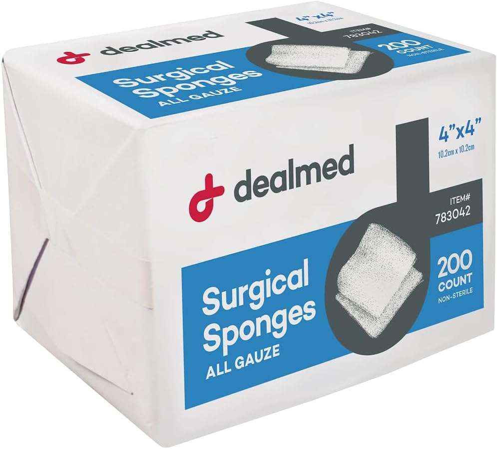 Dealmed 4 "x 4" Kirurgiske Sponger, 8-Ply, Non- vævet Absorbent Gauze Sponger til Sårpleje, Førstehjælp Kits og Medicinske Faciliteter, 200 Greve (Pack of 1)