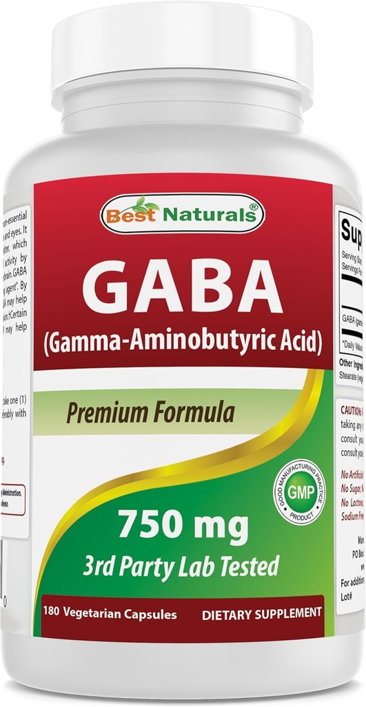 Bedste Naturals GABA Supplement 750mg 180 Veggie Kapsler, Naturals Sleep Aid