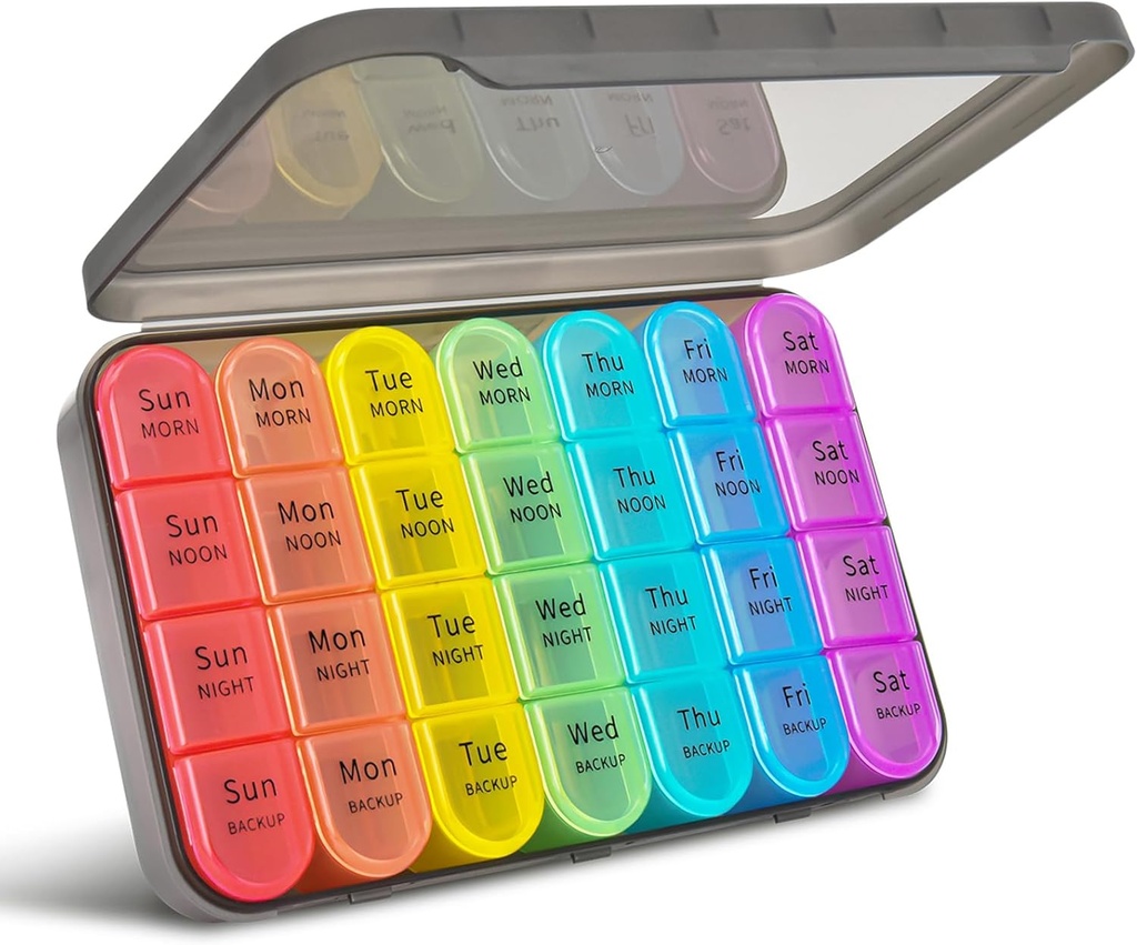 Greencycle Weekly Pill Organizer, 7 Dag / 4 gange en dag Store Pill Cases Fugt-Bevis Pill Box AM PM Medicin Organizer til at holde Vitaminer Fish Oil Compartments Kosttilskud (Rainbow)