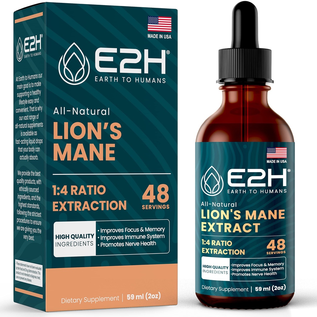 Lions Mane - Lions Mane Supplement - Promoes Mental Clarity, Memory & Focus - Lions Mane Liquid til immunforsvar - Mushroom Tincture - 2 Fl Oz by E2H