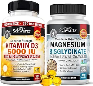 Høj styrke D3 5000 IE 125 mikrogram (1 års forsyning) Plus høj absorption Magnesium Bisglycinat kapsler (2 måneders forsyning)
