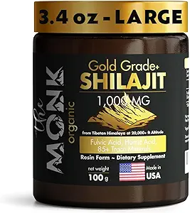 Organic Himalayan Shilajit Resin med Fulvic Acid, Humanic Acid, 85 + Mineral- Gold Grade Plus - 100g, 1000 mg Per Servering - Energi, Stamina, Brain Support - Made in USA