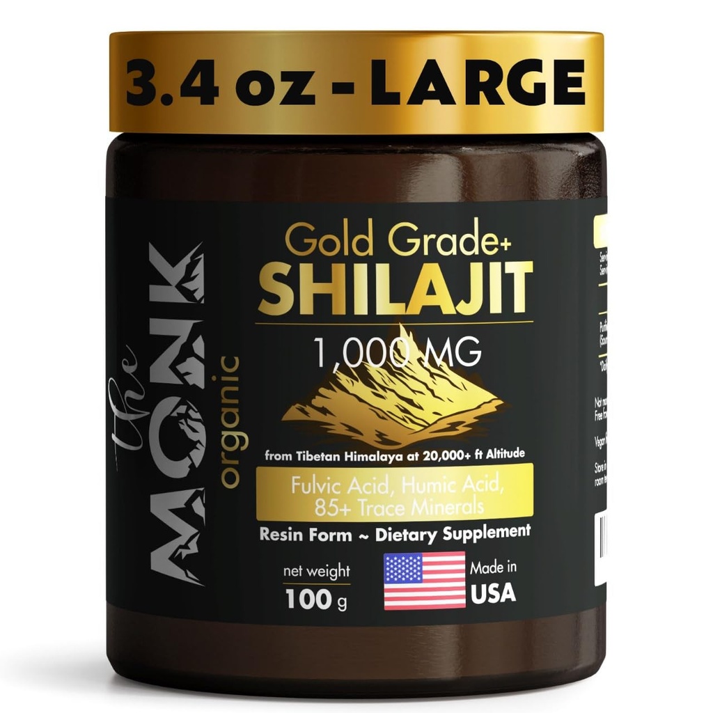 Organic Himalayan Shilajit Resin med Fulvic Acid, Humanic Acid, 85 + Mineral- Gold Grade Plus - 100g, 1000 mg Per Servering - Energi, Stamina, Brain Support - Made in USA