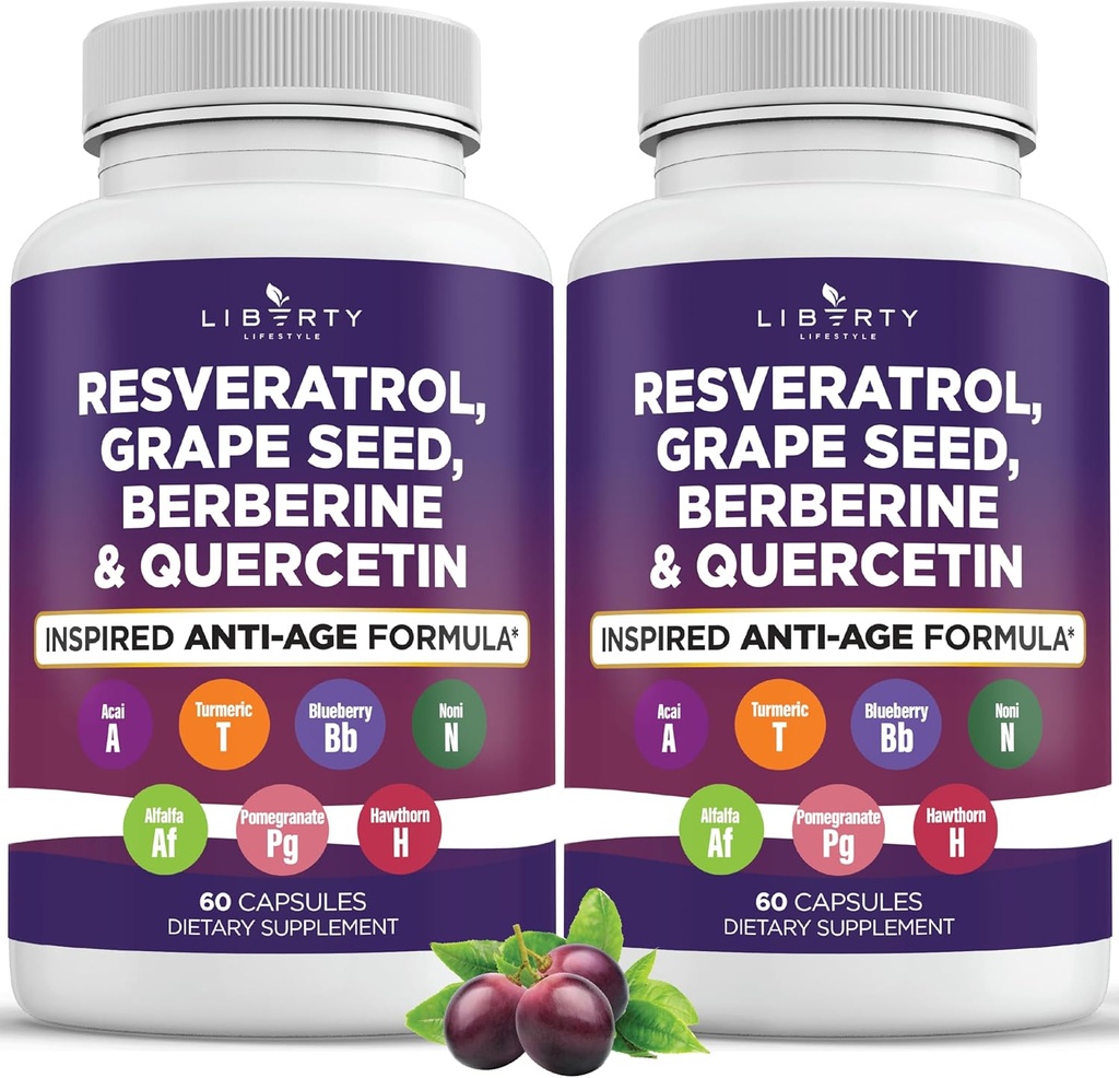 Resveratrol, Berberine, Grape Seed Extract, Quercetin, Polyphenol Supplement for kvinder og mænd med Noni Extract, N-Acetyl Cysteine, Acai Extract - 2-Pack