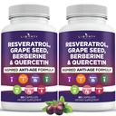 Resveratrol, Berberine, Grape Seed Extract, Quercetin, Polyphenol Supplement for kvinder og mænd med Noni Extract, N-Acetyl Cysteine, Acai Extract - 2-Pack