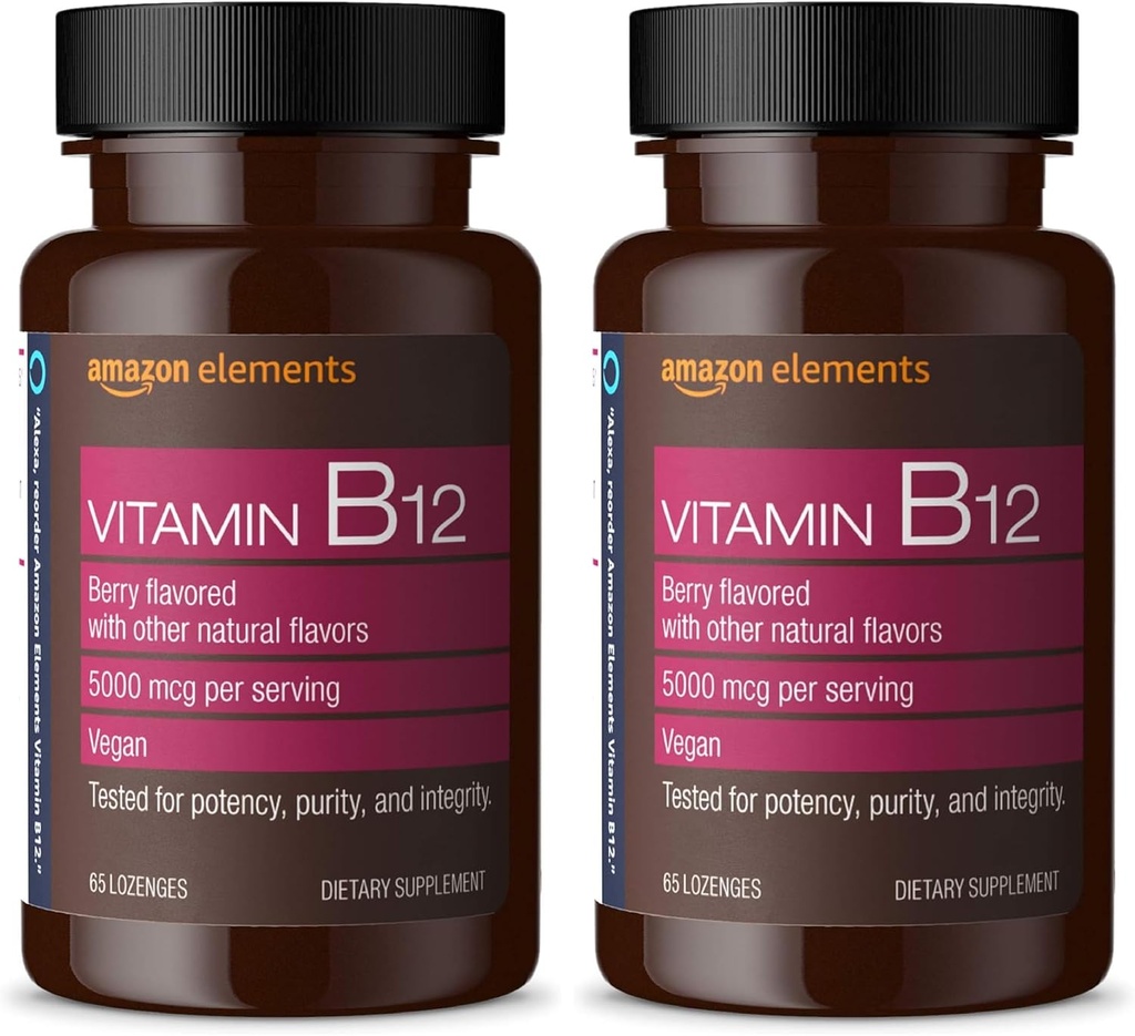 Elementer Vitamin B12 Methylcobalamin 5000 mcg - Normal Energy Production and Metabolisme, Immunsystemet Support - 2 Måned Supply, Berry Flavored Lozenges, 65 Greve (pakke med 2)