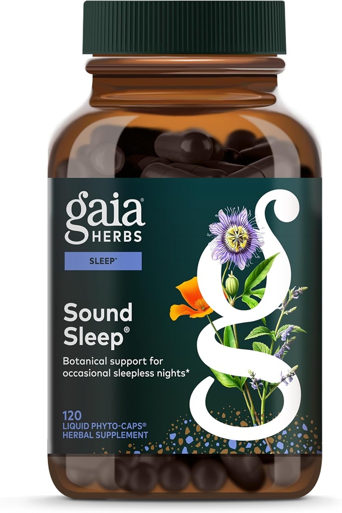 Gaia Urter Sound Sleep - Natural Sleep Support to Promote Cale & Relaxation - med Valerian Root, Passionflower & Mere - 120 Vegansk flydende Phyto- Kapsler (40-dages Tilgang)