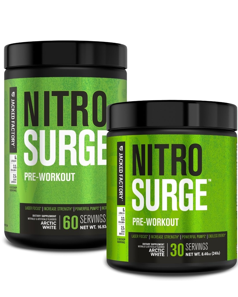 Jacked Factory NITROSURGE Pre Workout Supplement - Endeløs energi, Instant Strength Gains, Clear Focus, Intensive Pumper - NO Booster & kraftfuld Preworkout Energy Powder - 90 Serveringer, Arctic White