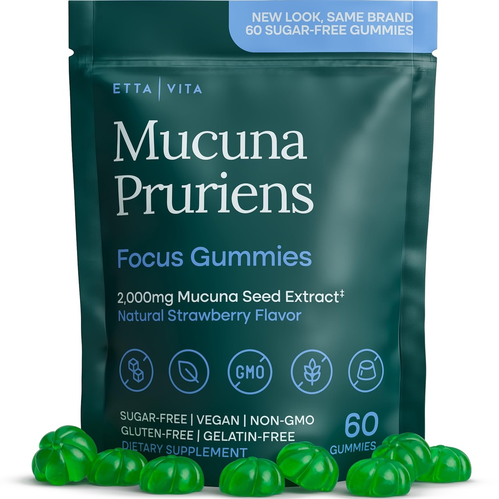 Dopamin Supplement - Sugar- Free Mucuna Pruriens Gummies (2g / servering) Energy & Focus Gummies - Potent Mucuna Pruriens Extract Supplement for Calm Mood and Motivation, Vegan, Non- GMO, Gluten- Free, 60ct