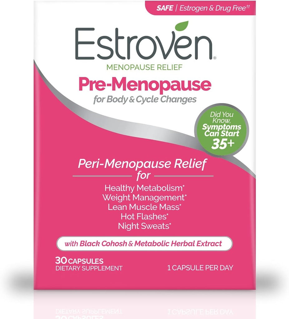 Estroven Pre- Menopause Relief, 30 Ct., Klinisk Proven Ingredienser, Giver Menopause Relief plus Night Sweats & Hot Flash Relief, Drug- Free eller Østrogen Free