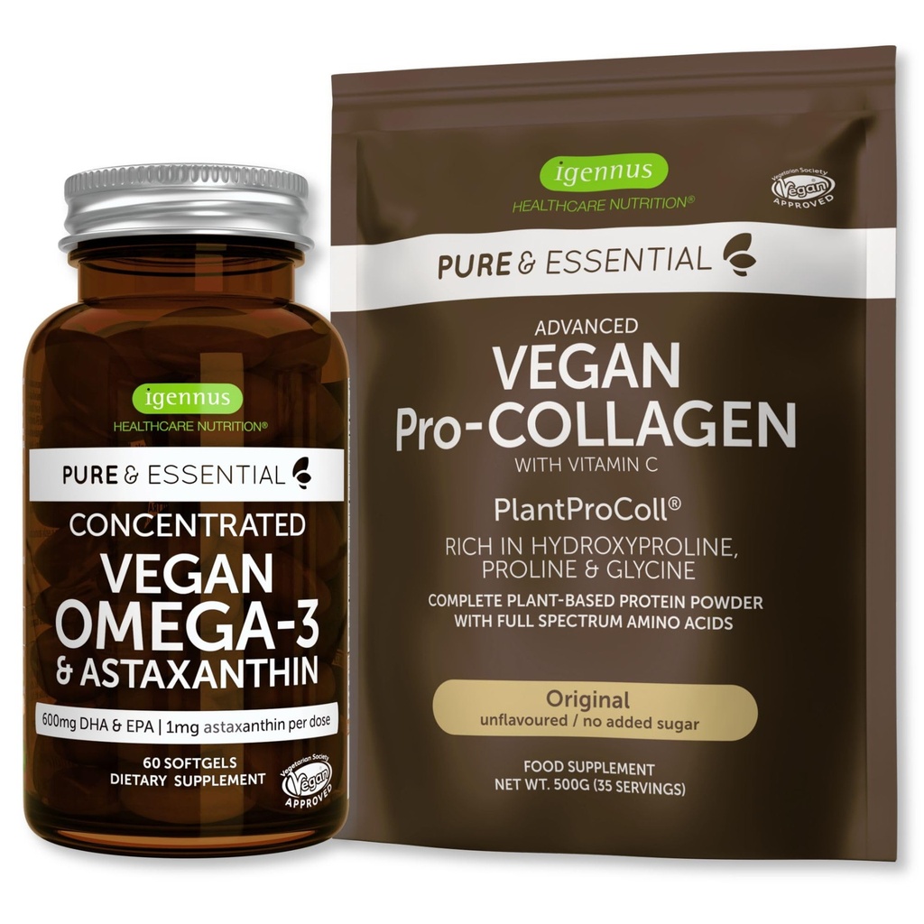 Pure & Essential Vegan Collagen Peptid Protein Powder & Vegan Omega 3 Bundle, Complete Collagen Boosting Formel & Sustainable Algae Oil 1340mg, by Igennus