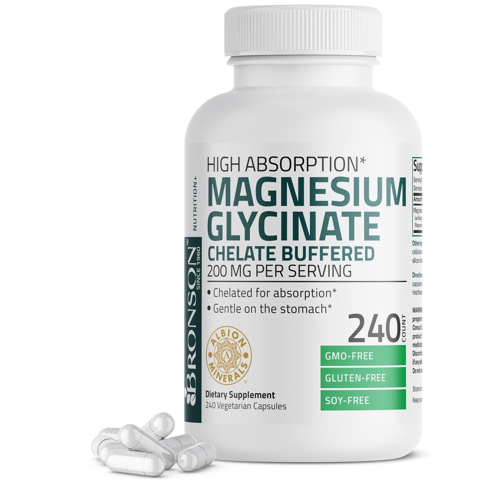 Bronson Magnesium Glycinate 200 MG per Serving Chelated for High Absorption, Gentle On Stomach, Non-GMO, 240 Vegetarian Capsules