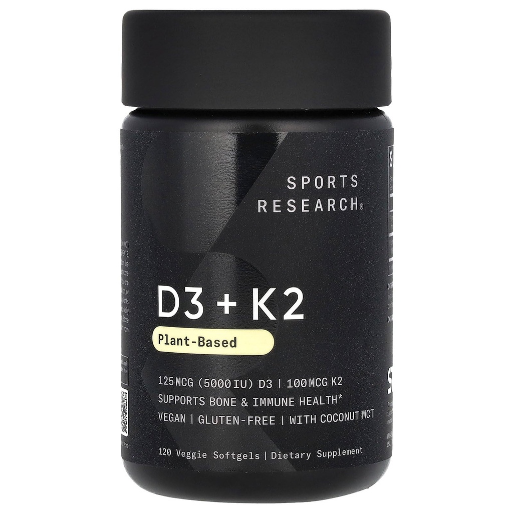 Sports Research Vitamin D3 med K2 Softgels - Plant Based K2 & Vegan D3 5000iu med kokos MCT Oil - Vegan Certified, Soy & Gluten Free - 120 Greve
