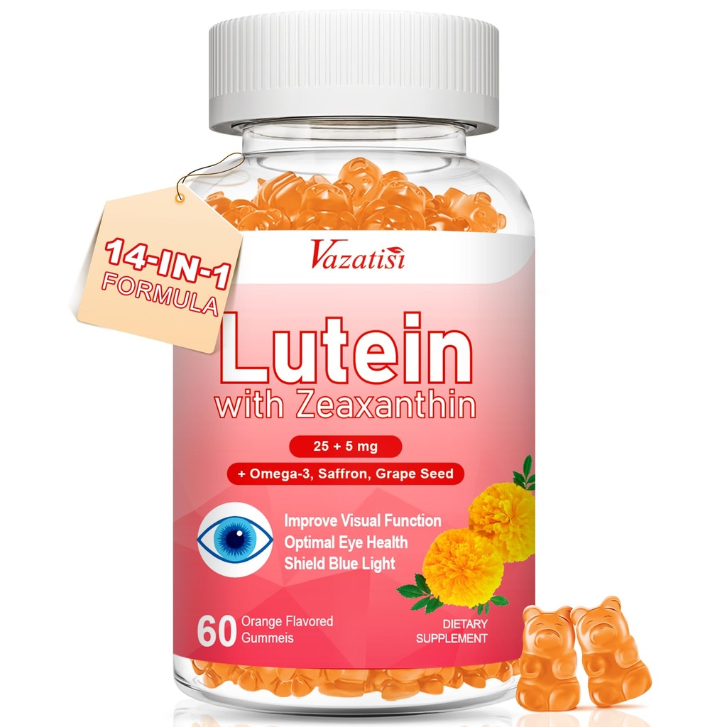 Lutein og Zeaxanthin Kosttilskud Gummies, Advanced Eye Vitamin Supplement med Bilberry, Safran, Grape Seed, Omega 3 for Macular Health, Tør Øje, Visuel funktion - Orange Flavor, 60 Greve