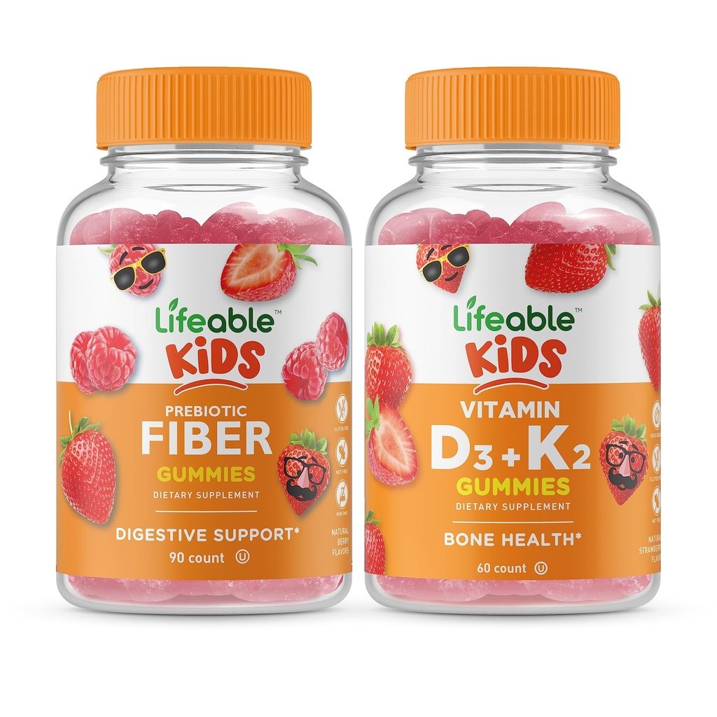 Lifeable Prebiotic Fiber Kids + vitamin D3 + vitamin K2 Kids, Gummies Bundle - Great Tasting, Vitamin Supplement, Gluten Free, GMO Free, Chewable Gummy