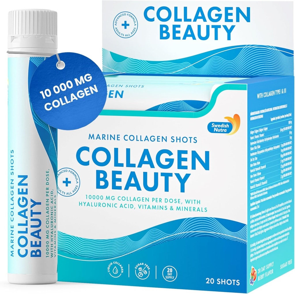 Swedish Nutra - Collagen Beautys124; 10.000 mg Hydrolyzed Marine Collagen Liquid Supplement - 20 x 25 ml daglige shots - 124; Hyaluronsyre og C-vitamin til støtte sundt hår, hud, negle; sukkerfri