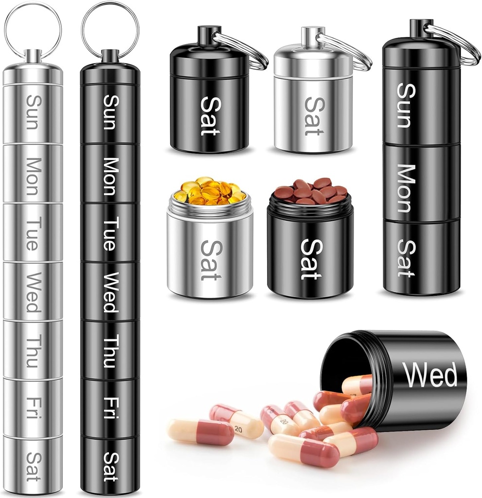 Ugentlig Pill Organizer, QuwaYee Portable Lille Pill sag Keychain Pill Holder til rejser, 2 Pack Metal Pill sag Vandtæt Daglig medicin Pill Organizer til Vitamin, Fiskeolie, tillæg