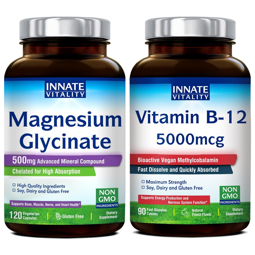 Innate Vitality Magnesium Glycinate & Vitamin B12 Bundle, No Gluten & Vegan, Magnesium (120 Caps) & Vitamin B12 (90 Fast Dissolve Tabs), Value Pack, Bundle & Save