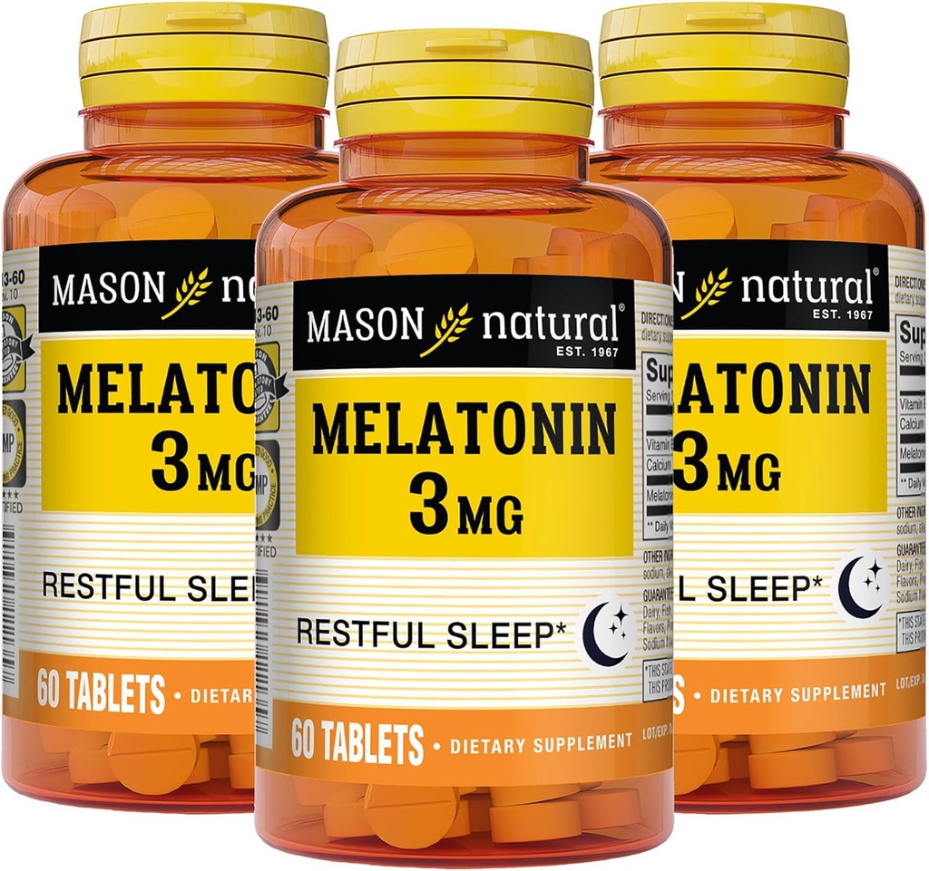 MASON NATURAL Melatonin 3 mg med B6 & Calcium, Natural Sleep Aid, Support Restaured Sleep, 60 tabletter (pakke med 3)