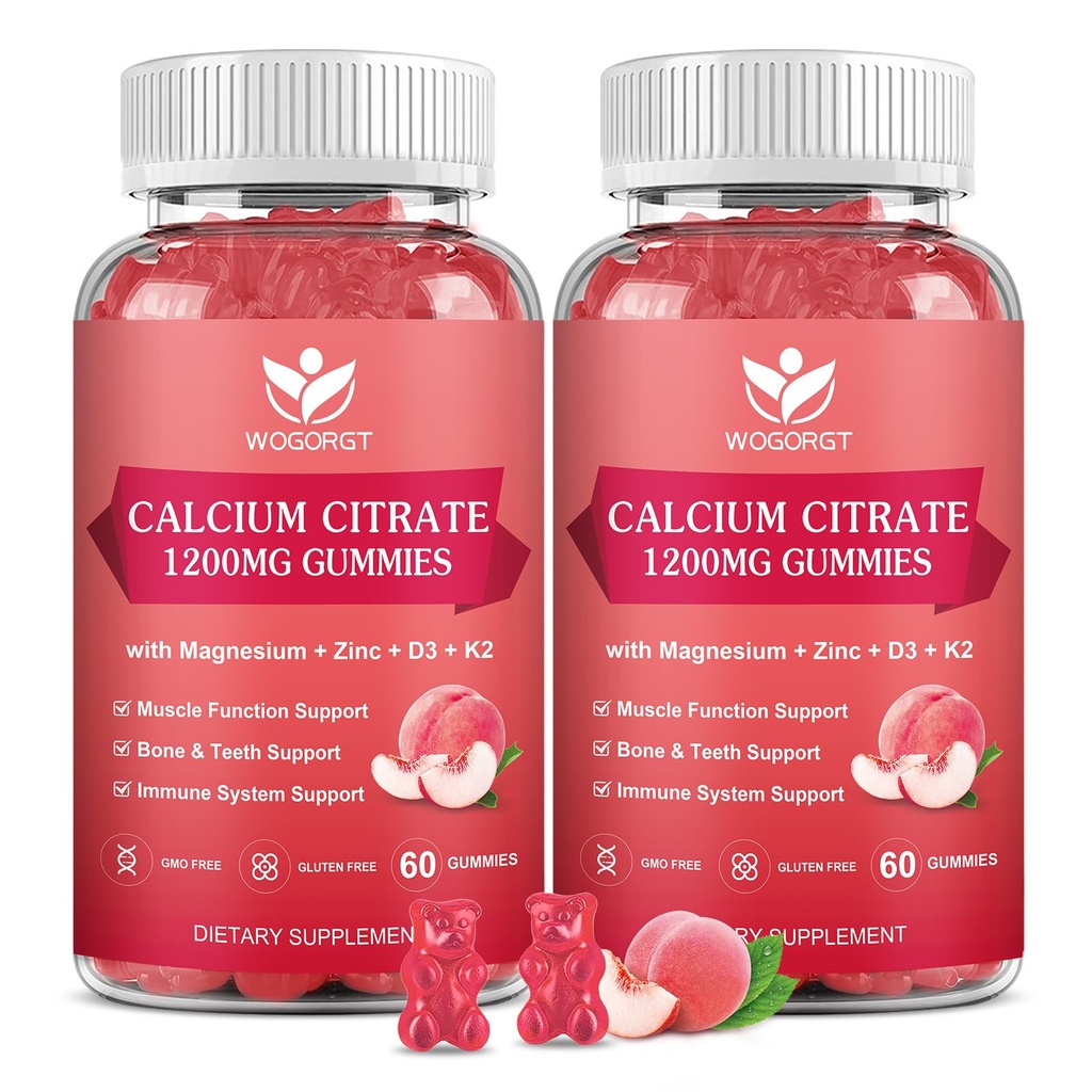 Calcium Citrate 1200mg Gummies med vitamin D3, K2 - Chewable Calcium Magnesium Zink d3 Supplement med Sea Moss Extract for Ben, tænder, immunforsvar for kvinder & mænd, Peach Flavor- 60 Gummies (2Pack)