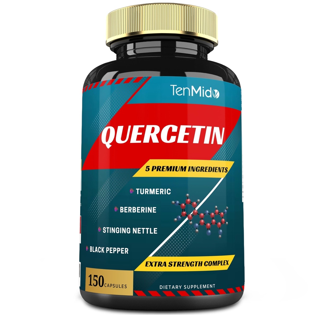Quercetin kosttilskud kapsler - understøtter immunsystem & hjerte sundhed, antioxidanter med berberine, stikkende nælde, gurkemeje, sort peber - 150 kapsler - 5 Måneders forsyning