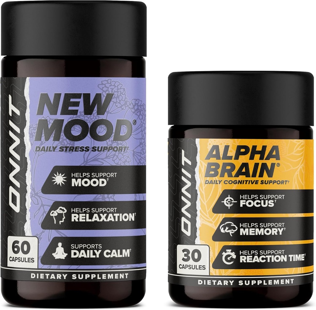 ONNIT Premium Alpha Brain Bundle - Nootropic Brain Supplement (30 Count) for Focus, Concentration & Memory + New Mood Supplement for Stress Relief, Sleep and Mood (60 Count)