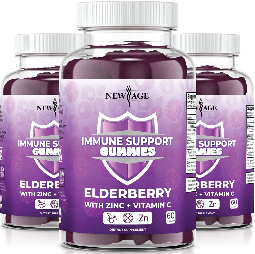NEW AGE Immunsystem Support Gummies - Sambucus Black Elderberry Gummies med C-vitamin og zink (immunstøtte 180 Gummies)