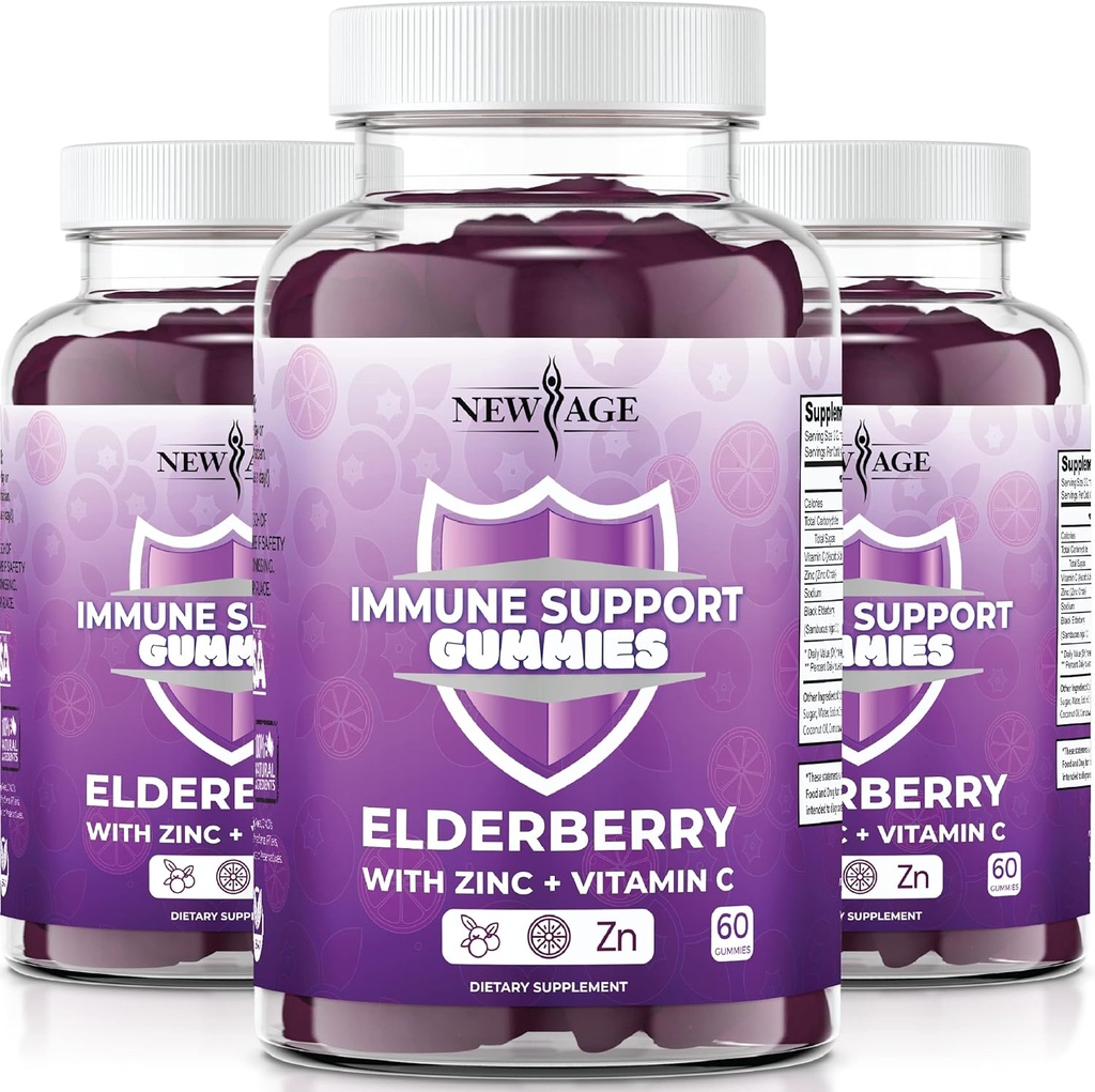 NEW AGE Immunsystem Support Gummies - Sambucus Black Elderberry Gummies med C-vitamin og zink (immunstøtte 180 Gummies)