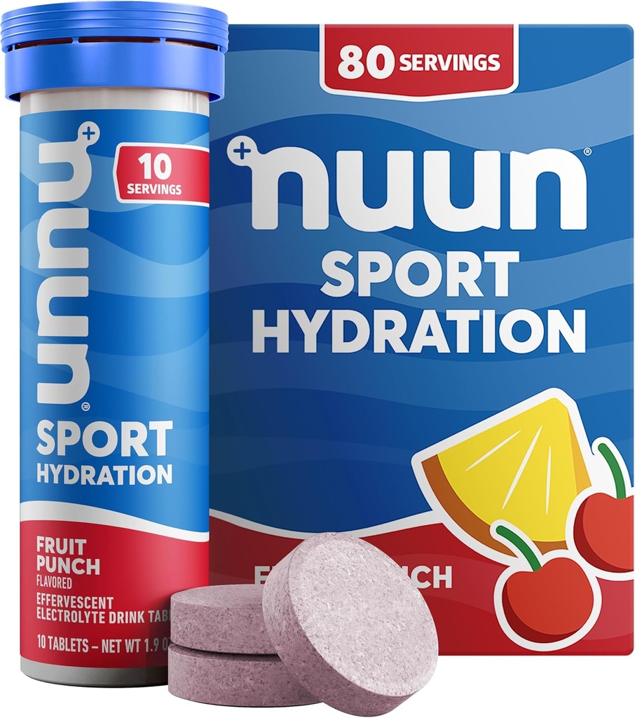 Nuun Sport Electrolyte Tablets med Magnesium, Calcium, Kalium, Chlorid & Natrium, Gluten Free & Vegan, Fruit Punch, 8 Pack (80 Servere i alt)