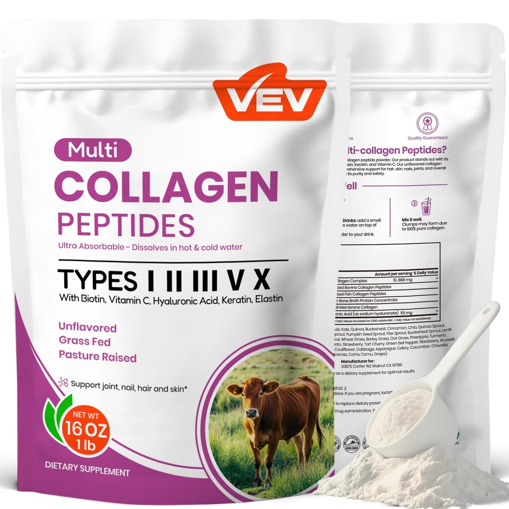 VEV Multi Collagen Peptider Powder, 16 oz (41 Servering) - Type I, II, III, V, X, Hydrolyzed Collagen, Hyaluronsyre Power, Biotin, C-vitamin, Understøtter Hud, Unflavored, Opløser nemt