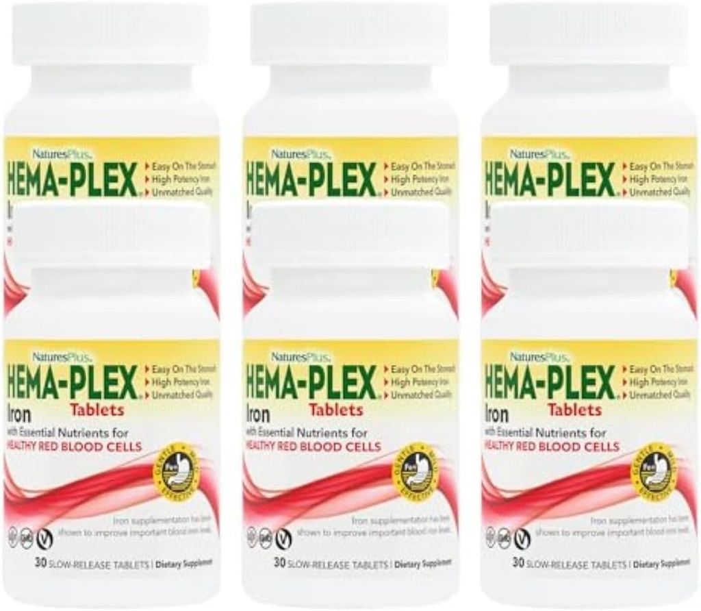 NaturesPlus Hema- Plex Iron - 30 Vedvarende udgivelsestabletter, pakke med 6-85 mg Elemental Iron - Total Blood Health - med C-vitamin & Bioflavonoider - Vegan, Gluten Free - 180 Total Servering