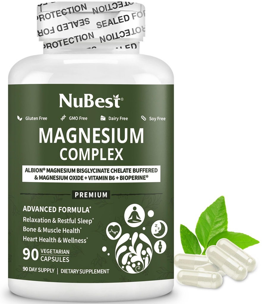 Magnesium Glycinate Chelat Complex med Albion Magnesium Bisglycinate Chelat, Vitamin B6 & BioPerine for ben, Muskel, Natural Sleep, Nerve funktion, Brain Booster Buddy 124; 1 Måned Supply