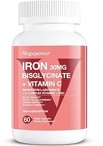 Iron Bisglycinat, 30mg Vegansk jerntilskud til kvinder og mænd, chelated med C-vitamin, B12, folinsyre - jernpiller til anæmi, høj absorption, gluten- fri, ikke-GMO - 60 kapsler