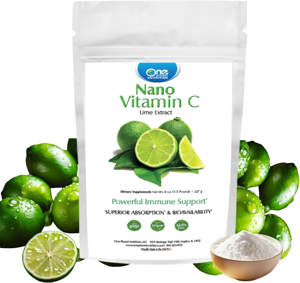 One Planet Nano Vitamin C Powder 8 oz (227 Servering), Ascorbic Acid fra Lime Extract, Nano for Enhanced Absorption, Understøtter Collagen produktion og immunforsvar, non-GMO, Vegan