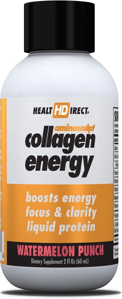 SUNDHEDSDIRECT - Aminosulpt Collagen Energy - Flydende Collagen til Hydration, Circulation, Energy - Vitamin B12, Electrolytes, L-Citrulline, Amla - Watermelon Punch - 12 Pack (Fl Oz), 12 Servering