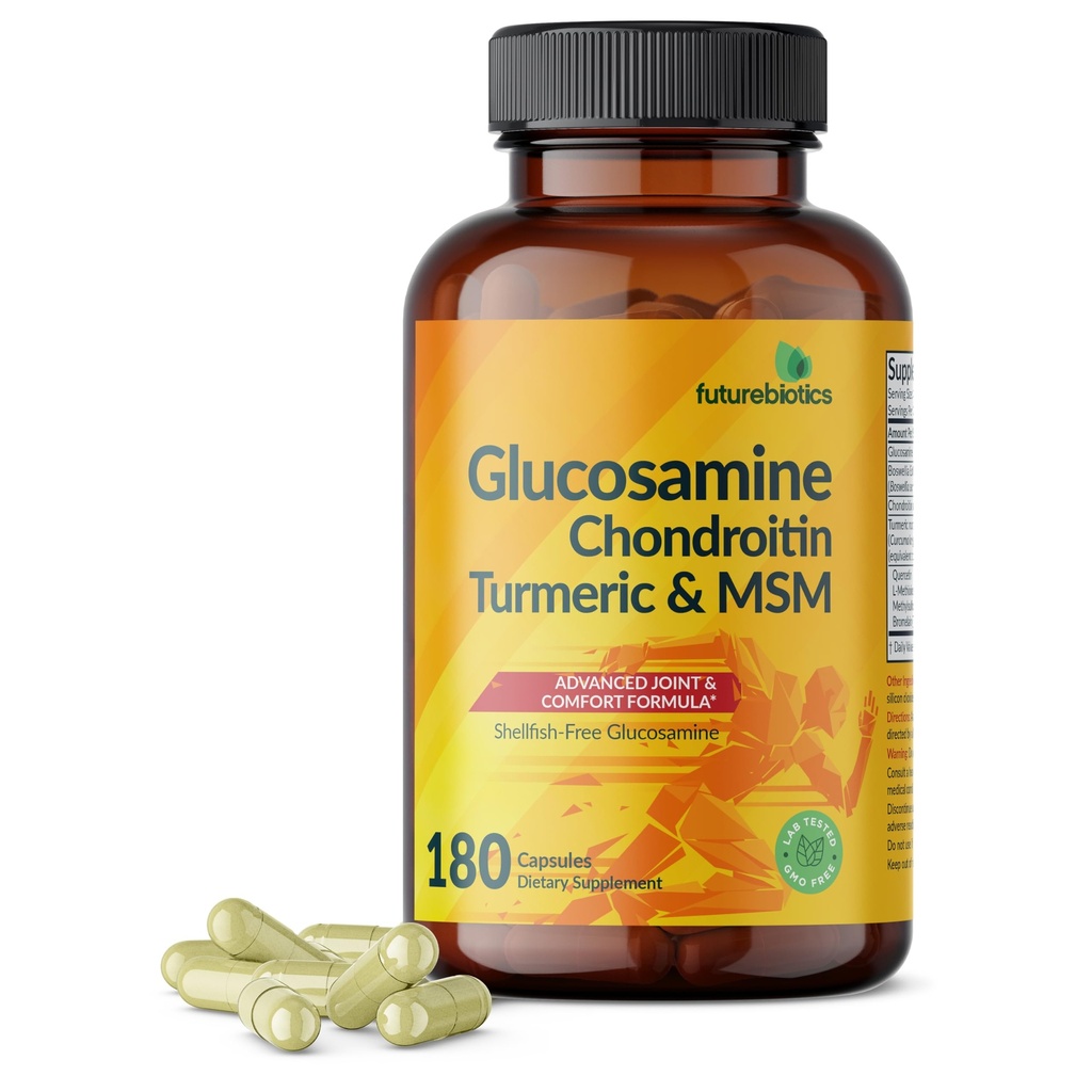 Futurebiotika Glucosamine Chondroitin Gurkemeje & MSM Advanced Joint Formel, understøtter sunde Joints & Mobility - Non-GMO, 180 kapsler