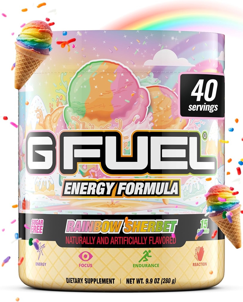 G Brændstof Rainbow Sherbet Energy Drink Powder, Pre Workout Koffein Mix til Gaming, Sugar Free Focus Amino, Vitamin + Antioxidanter, 9.9oz (Rainbow Sherbet, 40 Servere)