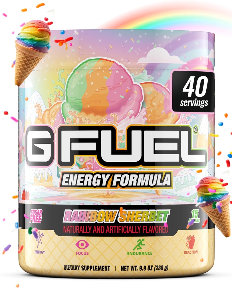 G Brændstof Rainbow Sherbet Energy Drink Powder, Pre Workout Koffein Mix til Gaming, Sugar Free Focus Amino, Vitamin + Antioxidanter, 9.9oz (Rainbow Sherbet, 40 Servere)